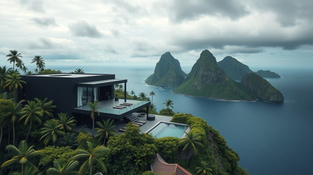 Aerial view of a luxury villa in the middle of a tropical island