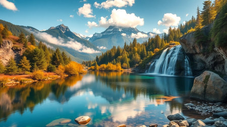 Mountain lake in the autumn forest. Landscape with waterfalls.