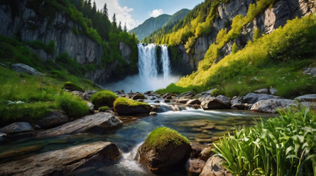 Waterfall in the mountains. Beautiful summer landscape. Panorama.の写真素材