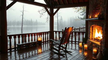 Chairs on the terrace of a log cabin with a lake in the backgroundの写真素材