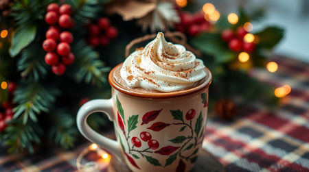 Hot chocolate with whipped cream in a cup on a Christmas background.の写真素材