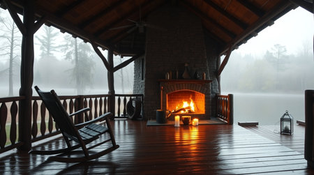 Wooden deck with fireplace on the background of foggy forest.の写真素材