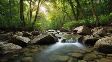 Mountain river flowing through the forest in the summer. Beautiful nature landscape.の写真素材