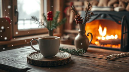 Cup of coffee on a wooden table in front of the fireplaceの写真素材