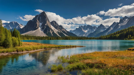 Panoramic view of the mountain lake in the Canadian Rockies.