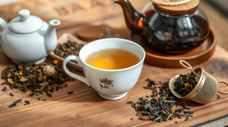 Teapot and cup of green tea on wooden table, closeupの写真素材