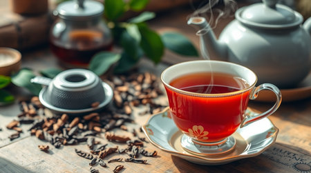 Cup of tea and teapot on a wooden table.の写真素材