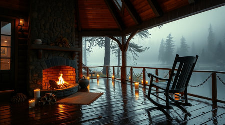 3D CG rendering of House in a foggy forest with fireplaceの写真素材