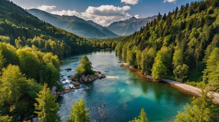 Aerial view of the mountain river in the Altai Republic.の写真素材