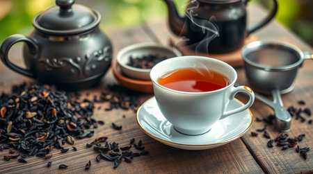 Black tea in a cup and teapot on an old wooden tableの写真素材