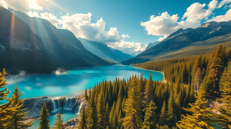 Panoramic view of turquoise lake in the Canadian Rockies.の写真素材