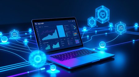 Laptop with glowing stock market graph on blue background 3D renderingの写真素材