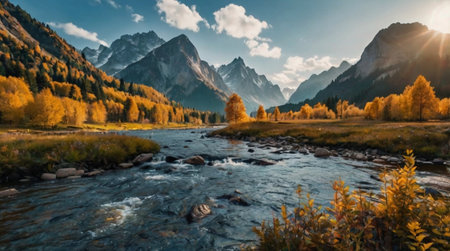 Panoramic view of the autumn alpine river and mountains.の写真素材