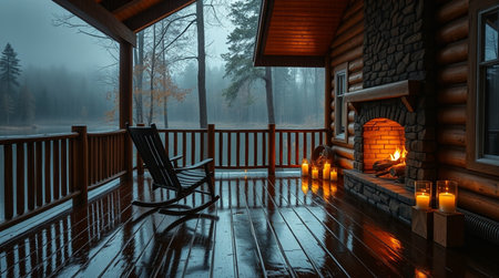 Beautiful wooden terrace with fireplace in the forest at night.の写真素材