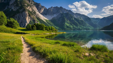 panoramic view of alpine lake in summerの写真素材