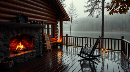 Wooden house with fireplace on the background of the lake in the forestの写真素材