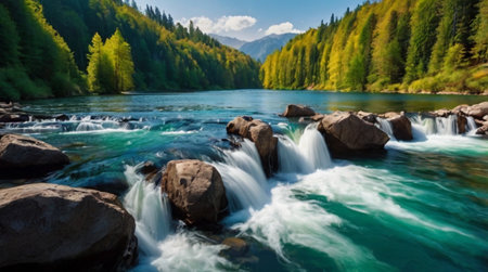 Mountain river in the Altai Republic, Russia. Panorama