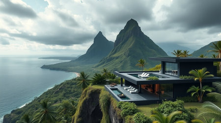 3d rendering of modern cozy house with pool and parking for sale or rent. Beautiful tropical island in the background.の写真素材