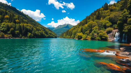 Beautiful mountain lake with clear water and high mountains in the background