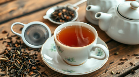 Cup of tea with teapot and cups on wooden background
