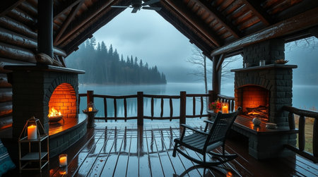 3D CG rendering of Log cabin with lake and fog at nightの写真素材