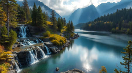 Waterfall in the mountains. Panoramic view of the mountain lake.の写真素材