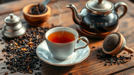 Cup of tea and teapot on wooden table, closeup