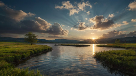 Sunset over a small river in the Altai mountains, Russiaの写真素材
