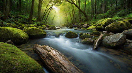 Mountain stream flowing through the green forest. Long exposure shot.の写真素材