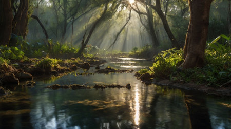 Morning sun rays shining through the trees in a tropical rainforest.の写真素材
