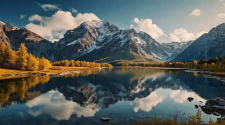 Mountain lake with reflection of snow-capped mountains in autumnの写真素材