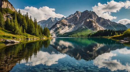 Mountain lake with reflection of mountains in the water. Beautiful summer landscape.の写真素材