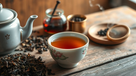 Cup of tea and teapot on wooden table, closeup