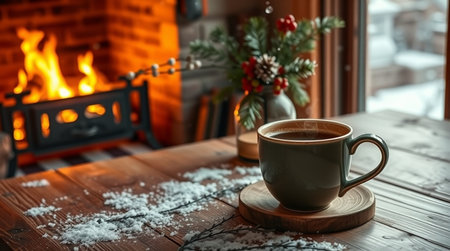 Cup of coffee on wooden table near fireplace in room with Christmas decorationsの写真素材