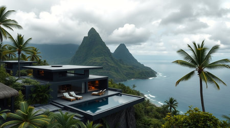 3d rendering of modern cozy house with pool and parking for sale or rent. Beautiful tropical island in the background.の写真素材