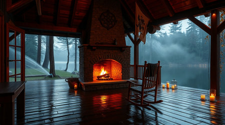 Interior of a chalet in the forest at night with a fireplaceの写真素材