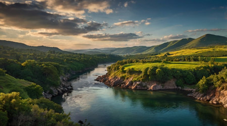 Beautiful summer landscape with river and mountains. Panoramic viewの写真素材