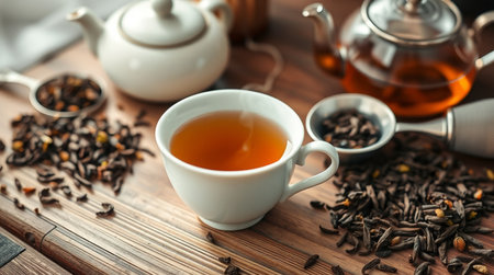 Cup of tea and teapot on wooden table, closeupの写真素材