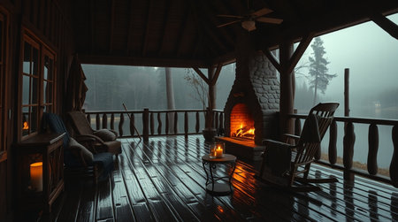 3d render of a wooden house with a fireplace in the fogの写真素材
