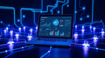 Laptop with financial chart on the screen over blue background 3d renderingの写真素材