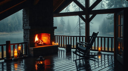 Wooden deck with fireplace and rocking chair on the background of foggy forestの写真素材