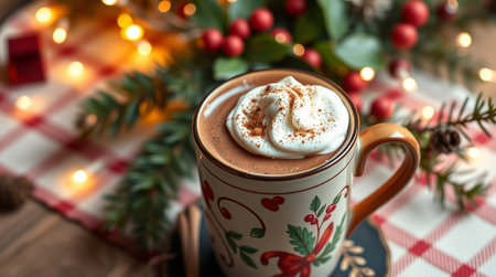 Cup of hot chocolate with whipped cream and christmas decorations on wooden backgroundの写真素材