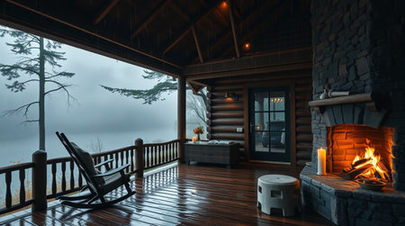 3D rendering of a log house with a fireplace and deck chairの写真素材