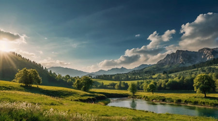 Mountain landscape with river and forest at sunset. Panoramic viewの写真素材