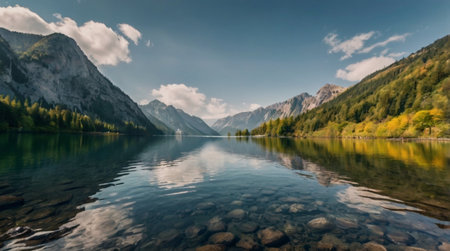 panoramic view of the alpine lake in Austria, Europeの写真素材