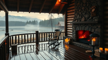 Wooden terrace with fireplace and rocking chair in the mountains.の写真素材