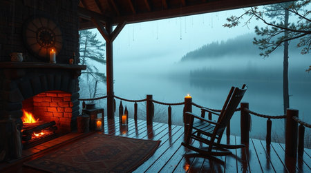 Wooden cottage with fireplace on the background of a misty lake