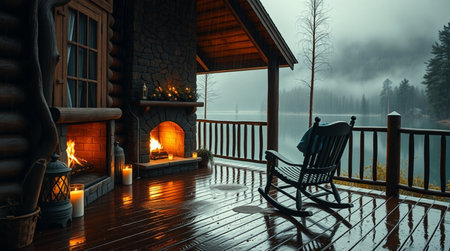 Beautiful wooden cottage in a foggy winter morning. 3d renderingの写真素材