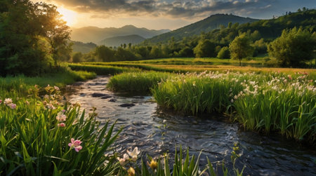 Beautiful landscape of the rice field and the river in the morningの写真素材