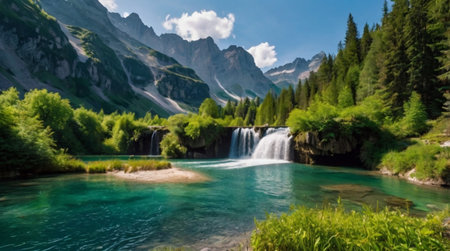Panoramic view of a beautiful waterfall in the Swiss Alps.の写真素材